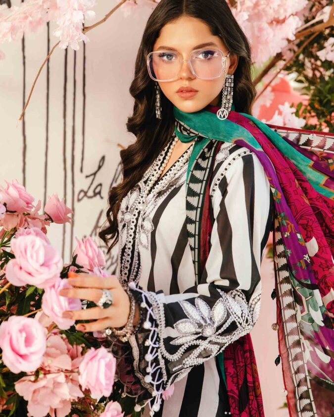 Maria B M-Print MPT-2609-B | Black & White Stripe - Lawn With Chiffon Dupatta Collection
