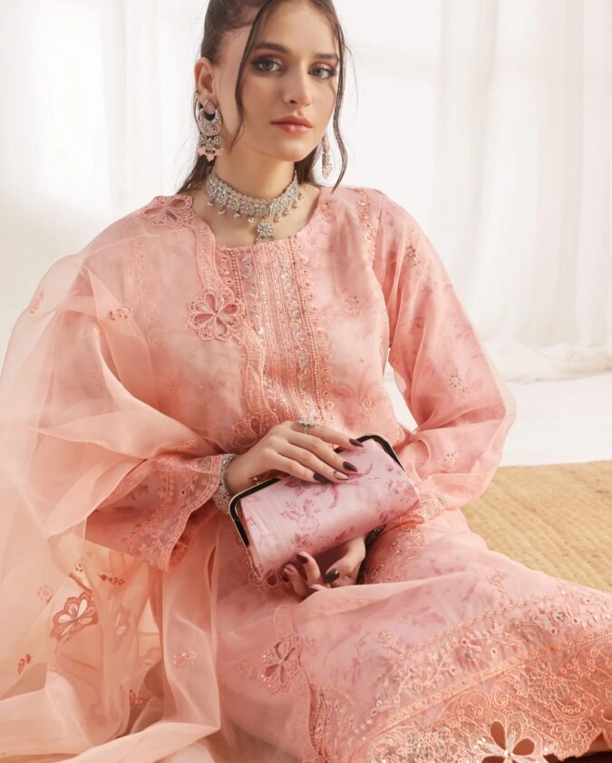 XENIA: 4-Piece Embroidered Organza [Pink]