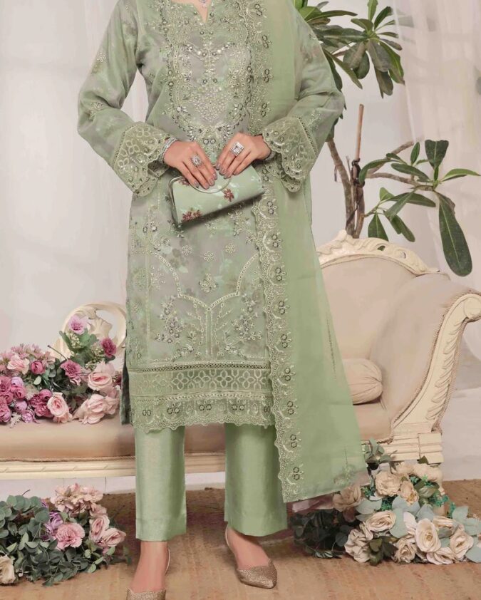 Afsanah Embroidered Organza Sage Green