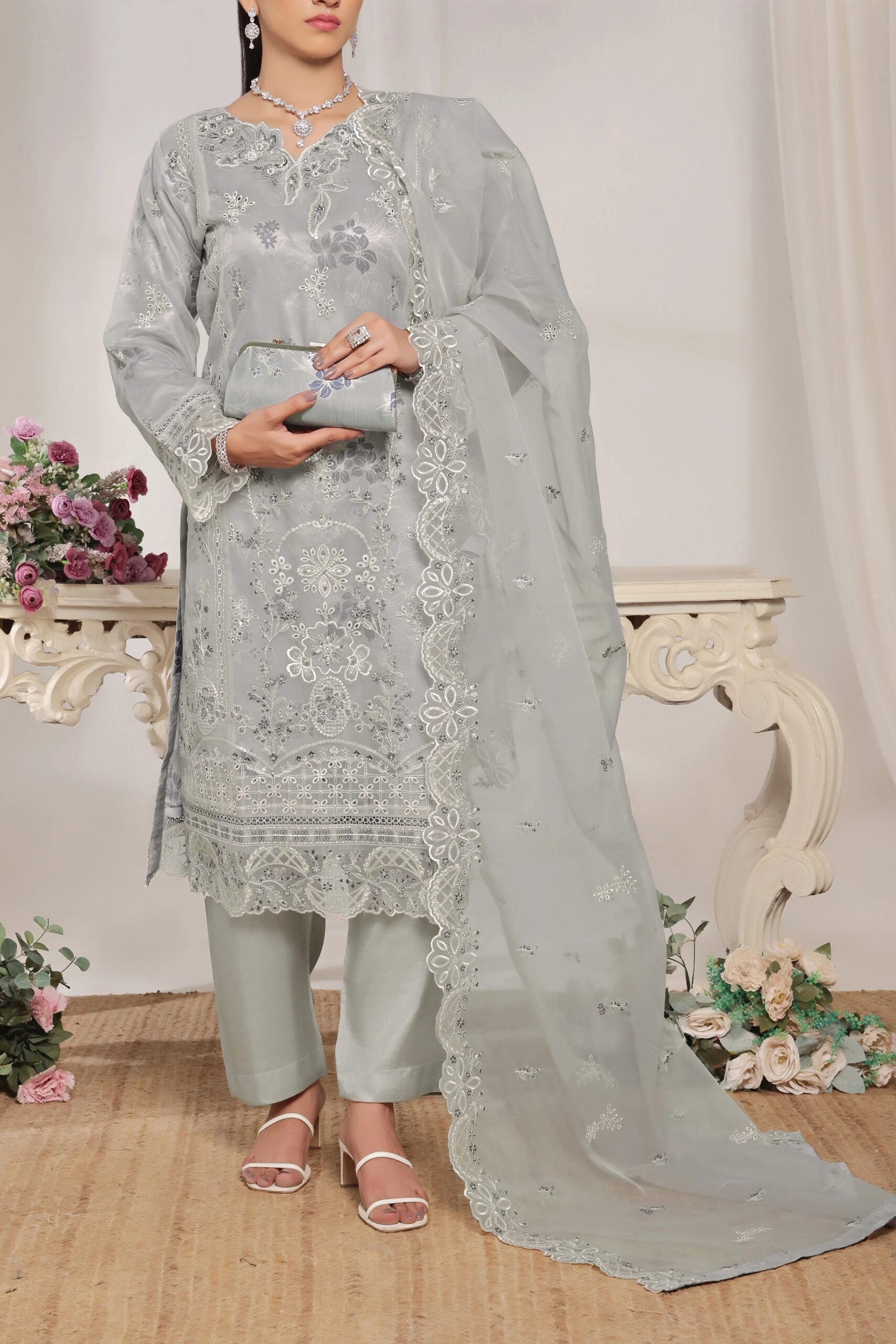 Afsanah Embroidered Organza Silver Grey